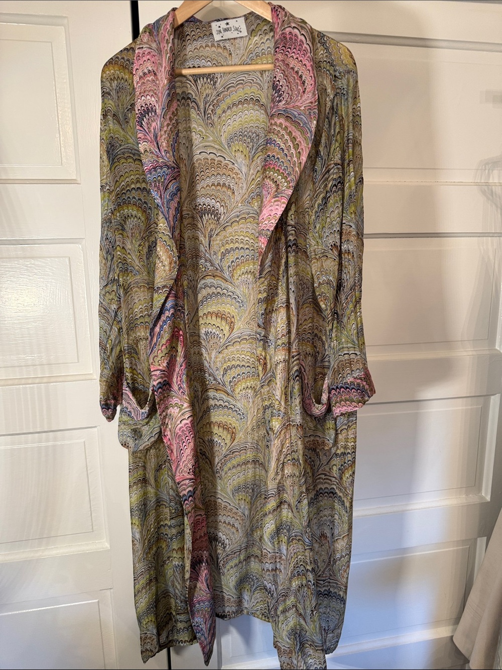 One Hundred Stars Long Duster Kimono Marbled Print Viscose Modal Open Front OS